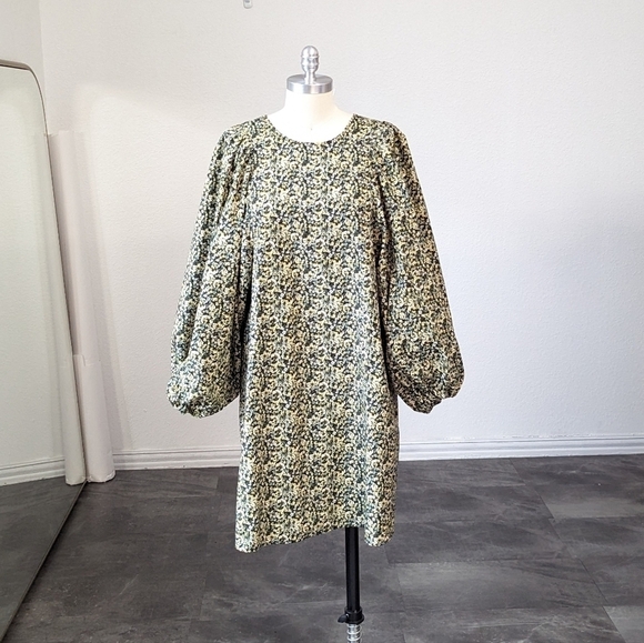 H&M Floral Giant Balloon Sleeve Shift Dress Green Black M summer cottagecore - Picture 1 of 8